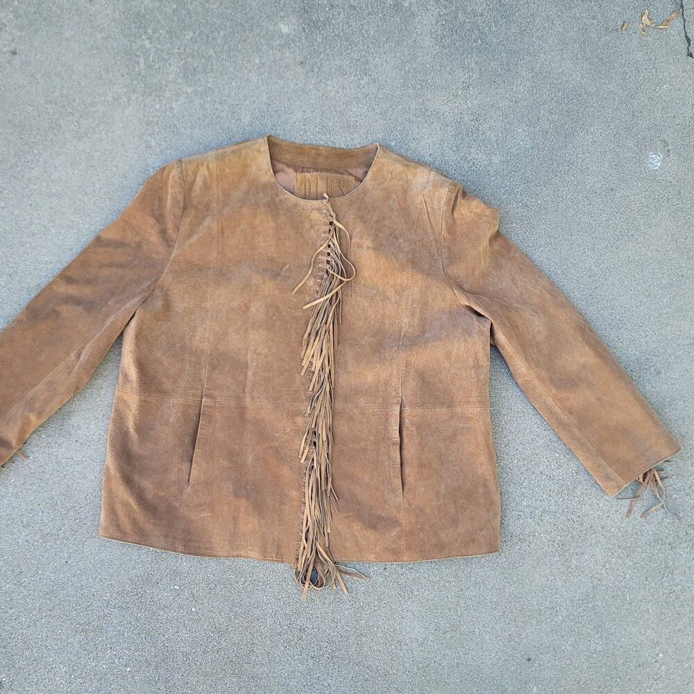 Vtg PLUS Brown Suede Leather Fringe Jacket